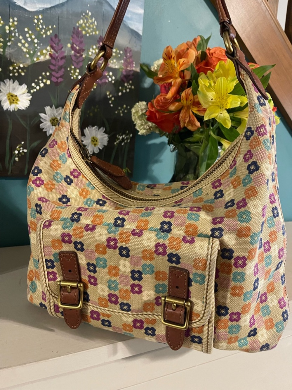 Fossil Floral Canvas + Leather Shoulder Bag